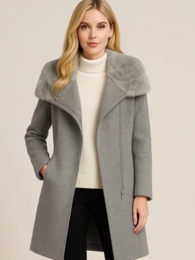 Club Monaco Gray Evangah Wool-Blend Coat With Faux-Fur Collar